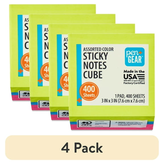 (4 pack) Pen+Gear Sticky Notes Cube, Multicolor, 3” x 3”, 400 Sheets