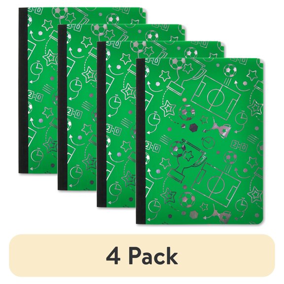 (4 pack) Pen+Gear Wide Ruled Poly Composition Book, 7.5" x 9.75", Green Soccer, 80 Sheets