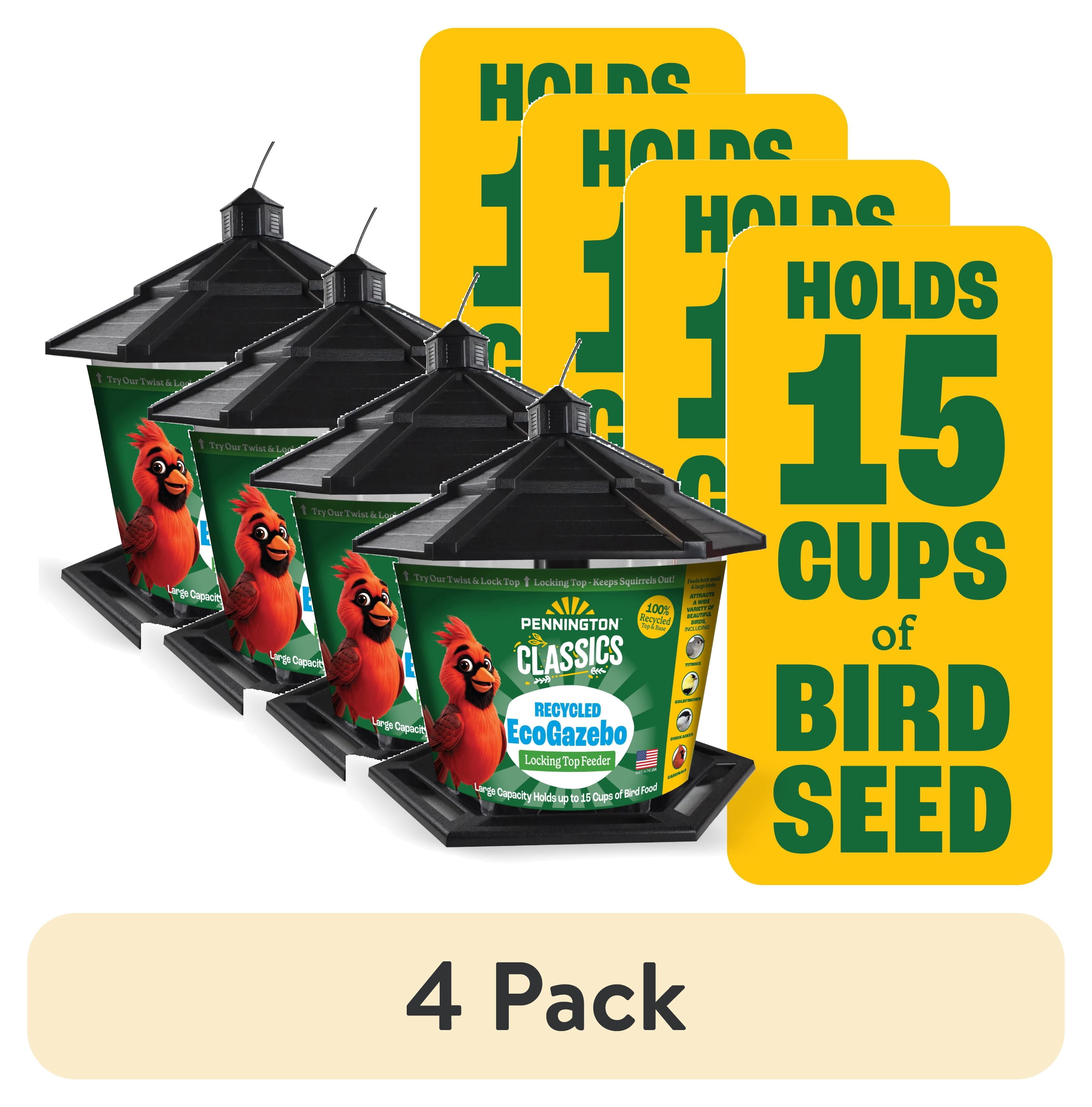 (4 pack) Pennington Earth Smart, Black Recycled Plastic Hopper Wild Bird Feeder, Extra Large 6 lb. Capacity, 11.5" Tall