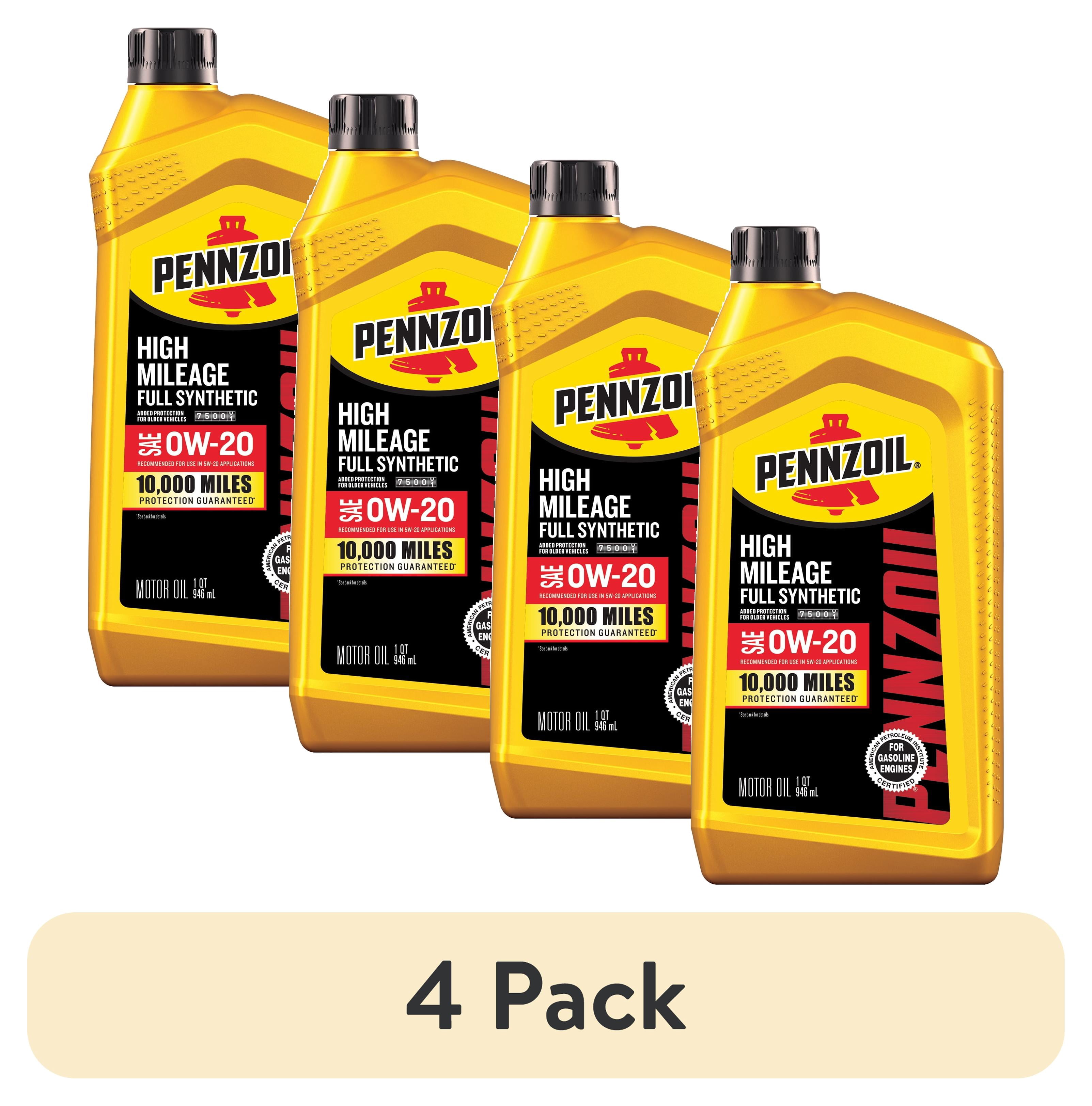 (4 pack) Pennzoil High Mileage Full Synthetic 0W-20 Motor Oil, 1 Quart