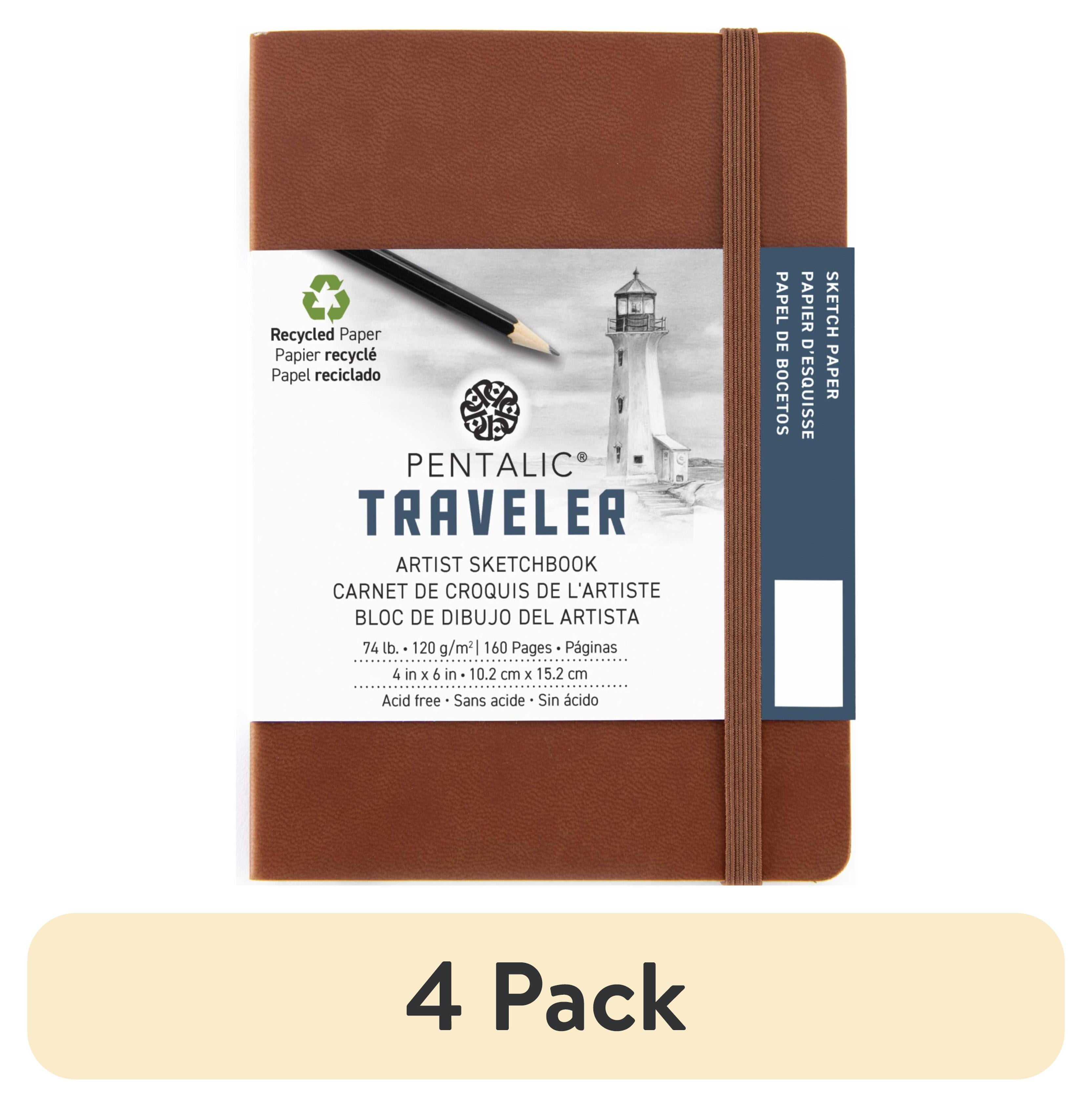 (4 pack) Pentalic Traveler 4" x 6" Drawing Artist Pocket Brown Cover, 160 Pages, 74 lb Paper