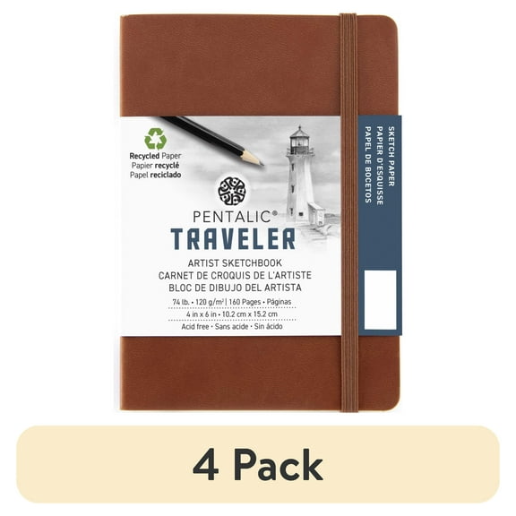 (4 pack) Pentalic 4x6 Brown Traveler Pocket Artist Drawing Journal, 160 Pages, 74 lb Paper