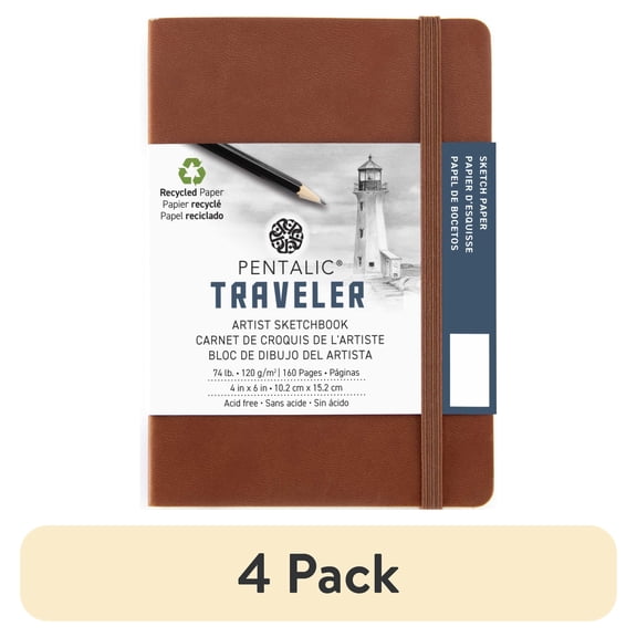(4 pack) Pentalic Traveler 4" x 6" Drawing Artist Pocket Brown Cover, 160 Pages, 74 lb Paper