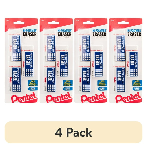 (4 pack) Pentel Hi-Polymer Block Eraser, Latex Free, White, Pack of 3 Erasers