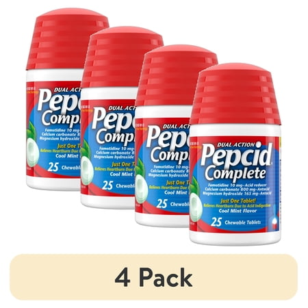 (4 pack) Pepcid Complete Acid Reducer + Antacid Famotidine Chews, Mint, 25 Count