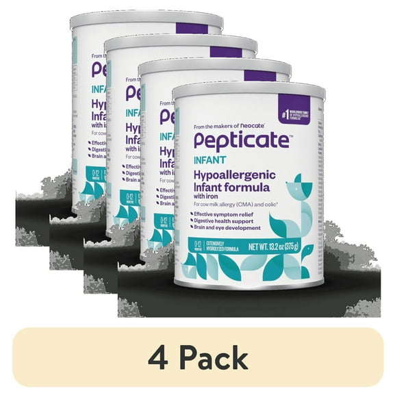 (4 pack) Pepticate Baby Formula, Hypoallergenic Powdered Infant Formula for Cow Milk Allergy, with Omega 3 DHA, ARA, Iron & Prebiotics, 13.2oz