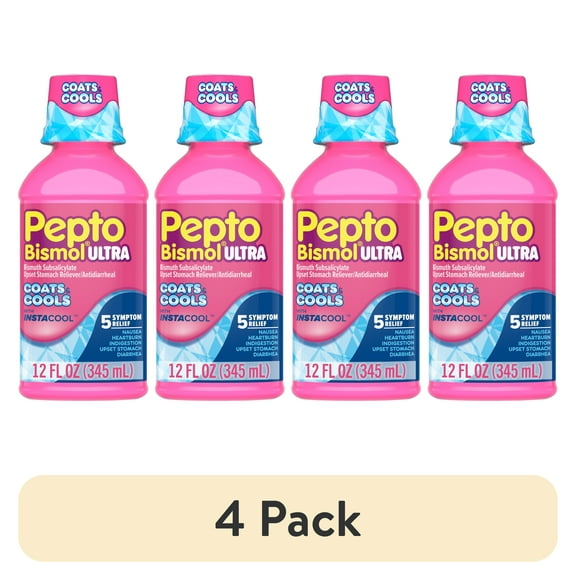 (4 pack) Pepto Bismol Liquid Ultra, Indigestion and Anti-Diarrhea Stomach Relief, Instacool, 12 Fl oz
