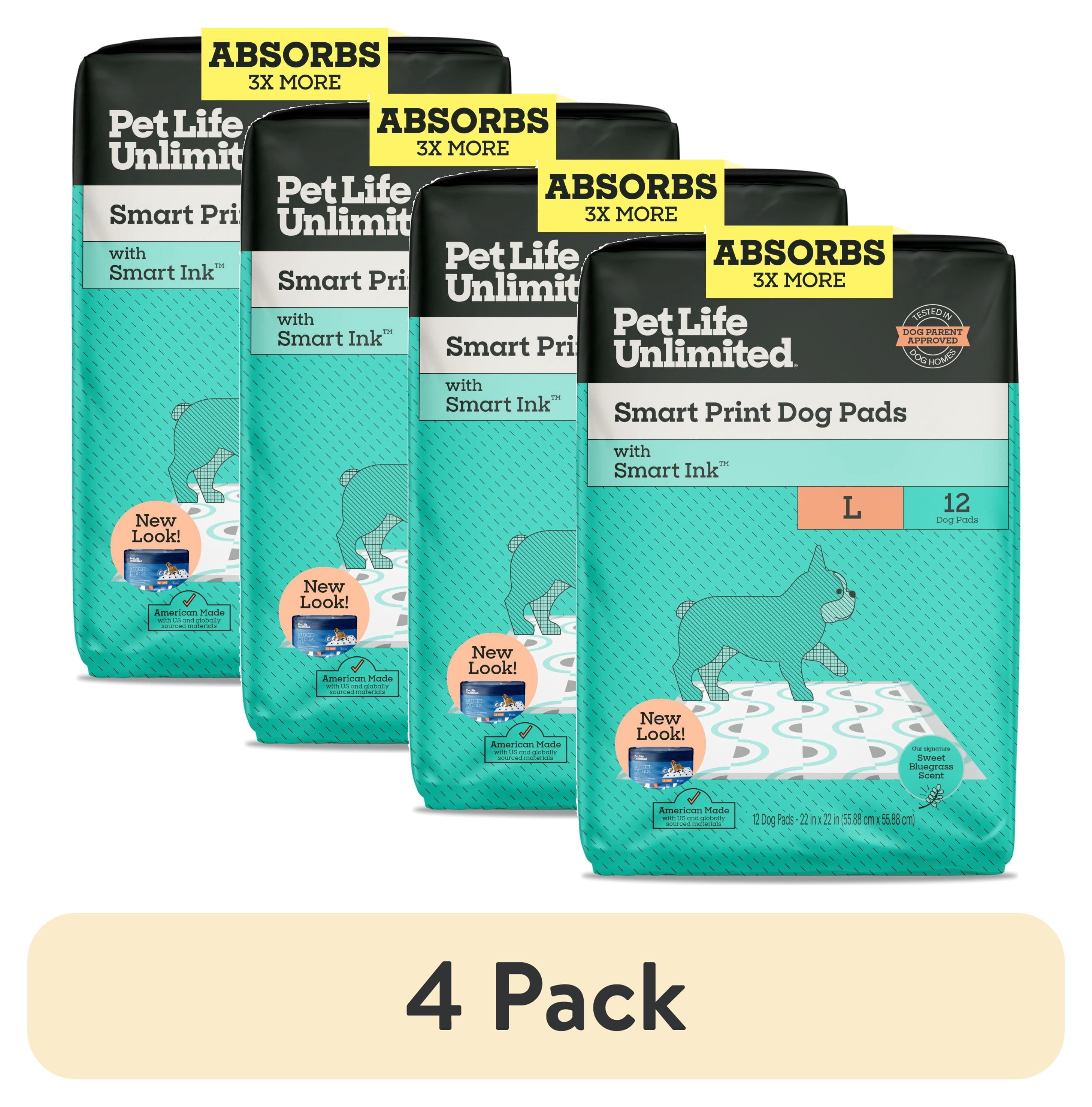 (4 pack) Pet Life Unlimited Smart Print Dog Pads, L, 12ct, Sweet Bluegrass