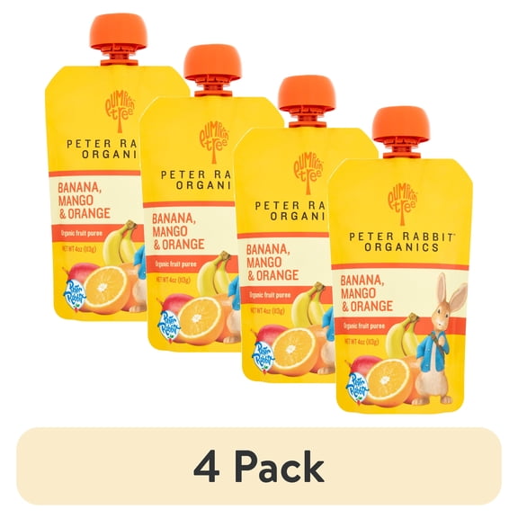 (4 pack) Peter Rabbit Banana Mango Orange Organic Fruit Puree 4 oz Toddler Snack