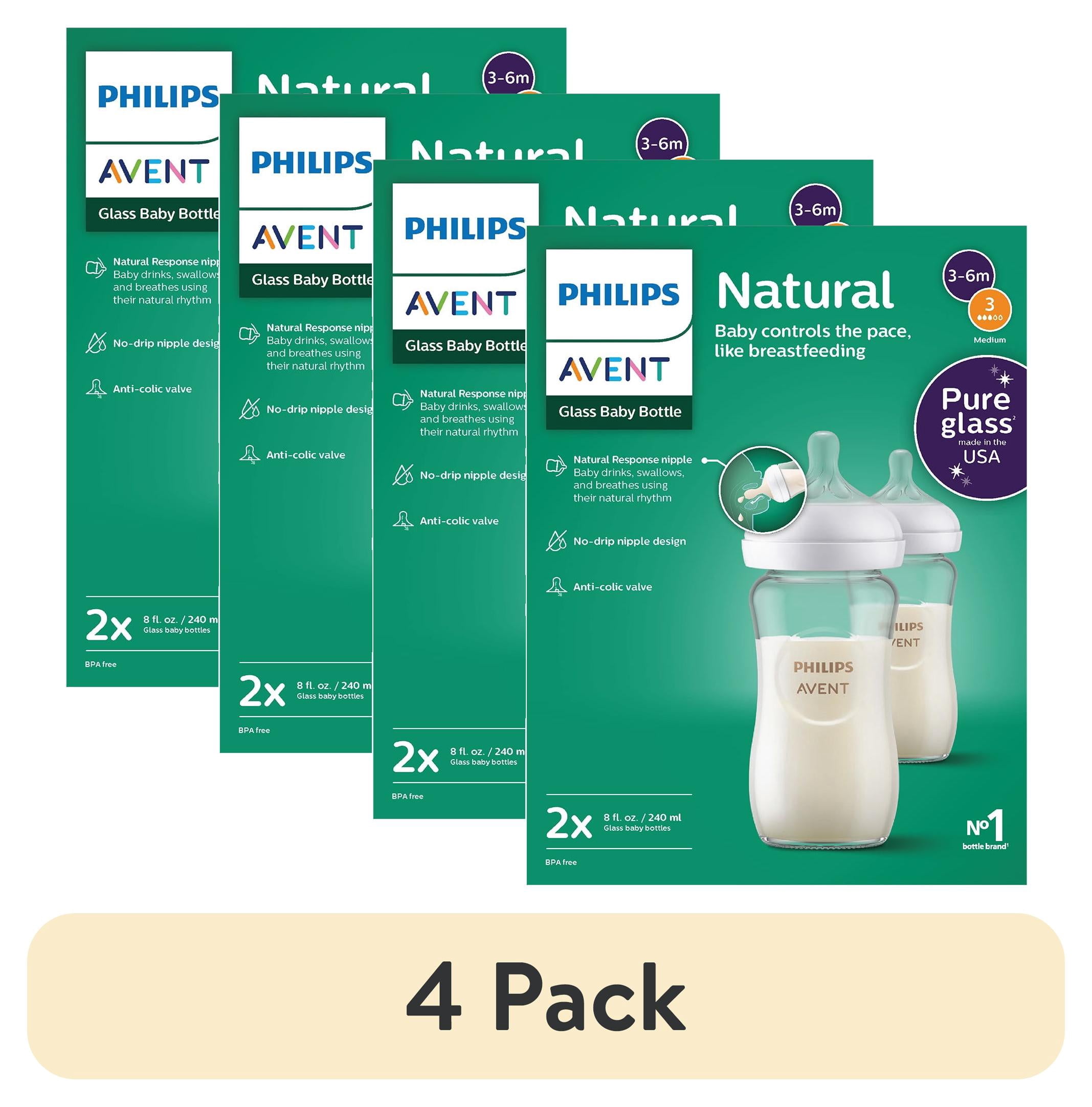 (4 pack) Philips Avent Natural Glass Baby Bottles with Natural Response Nipples (Medium Flow, Flow 3), 8oz, 2-Pack, SCY913/02