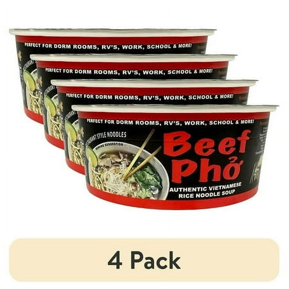 (4 pack) Pholicious Instant Beef Pho, Vietnamese Rice Noodle Soup, Single Serve 3.6 Ounce Bowls, Ramen Alternative & Fresh Ingredients, As Seen on Shark Tank