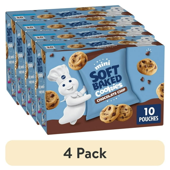 (4 pack) Pillsbury Mini Soft Baked Cookies, Chocolate Chip, Snack Bags, 10 Count, 10 oz