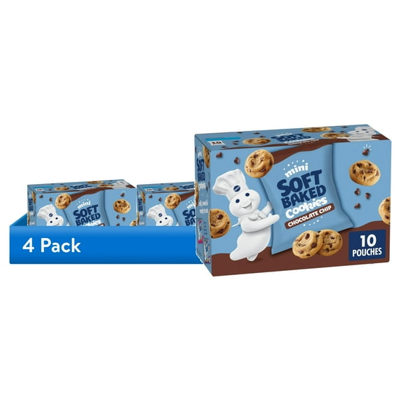 (4 pack) Pillsbury Mini Soft Baked Cookies, Chocolate Chip, Snack Bags, 10 Count, 10 oz