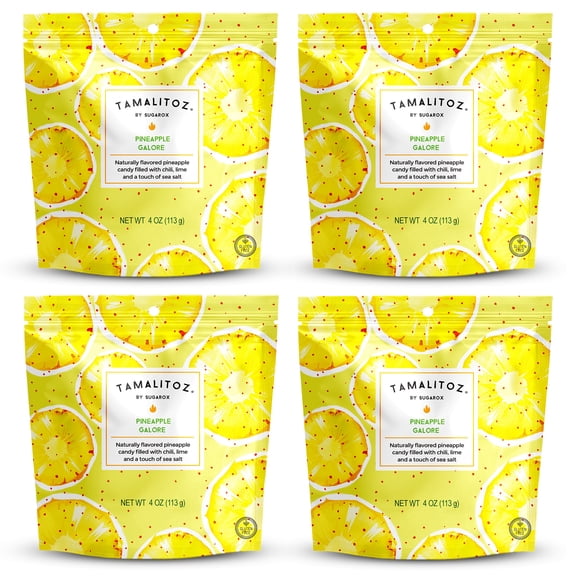 Tamalitoz Pineapple Galore Mexican Candy Spicy Pineapple Hard Candy with Chile, Lime & Sea Salt Handcrafted Fruity Candy, Gluten-Free, Kosher, No Artificial Colors 4 Bags, 4oz Each