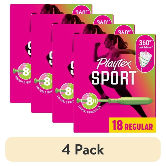 (4 pack) Playtex Sport Tampons, Unscented, Regular, 18 Count