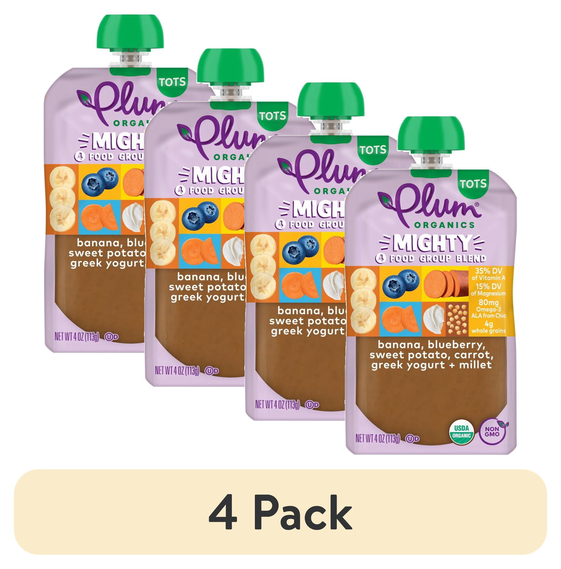 (4 pack) Plum Organics® Tots Mighty 4 Food Group Blend Banana, Blueberry, Sweet Potato, Carrot, Greek Yogurt + Millet 4oz Pouch
