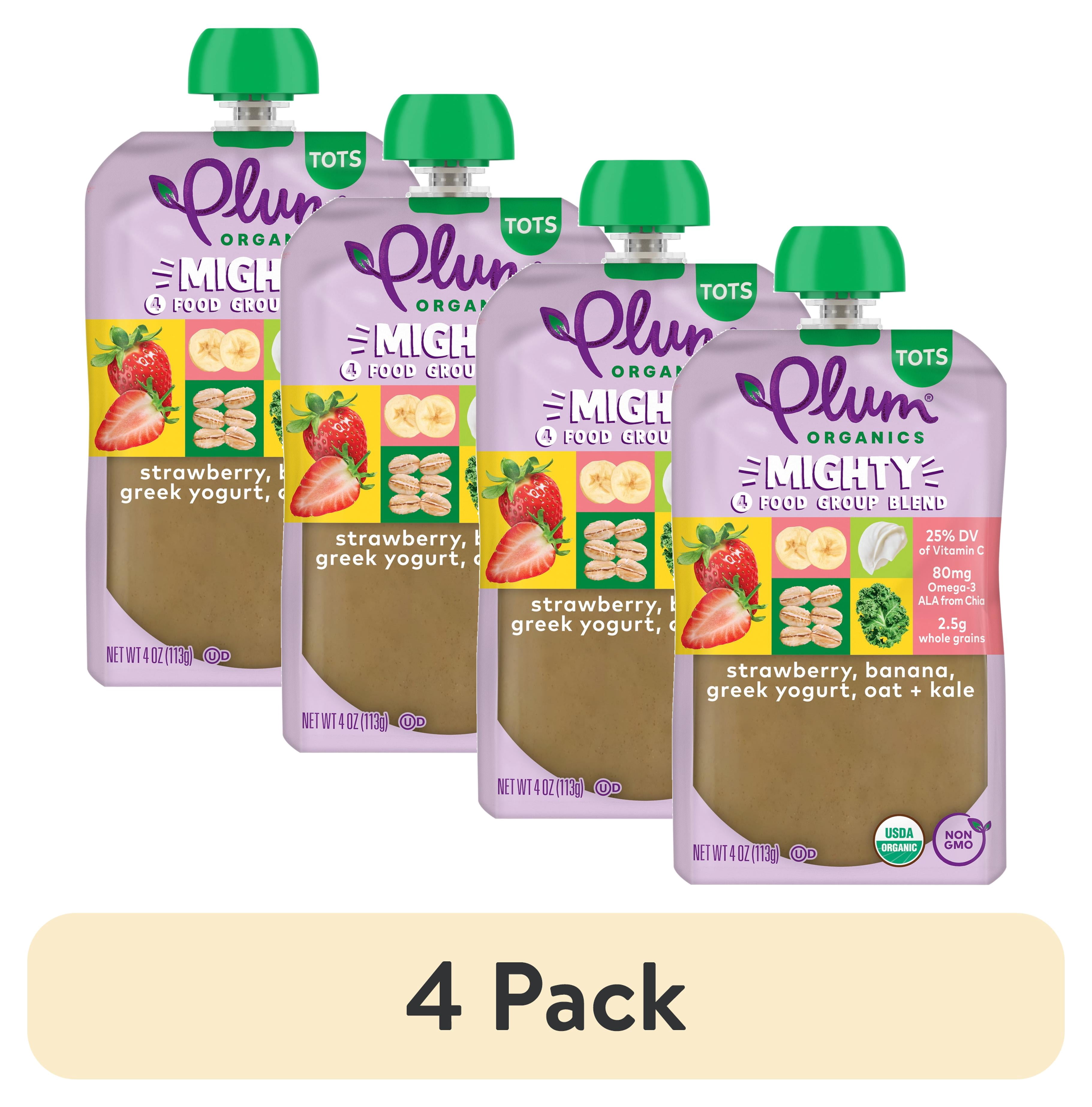(4 pack) Plum Organics® Tots Mighty 4 Food Group Blend Strawberry, Banana, Greek Yogurt, Oat + Kale 4oz Pouch