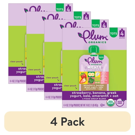 (4 pack) Plum Organics® Tots Mighty 4 Food Group Blend Strawberry, Banana, Greek Yogurt, Oat + Kale 4oz Pouch-4-Pack