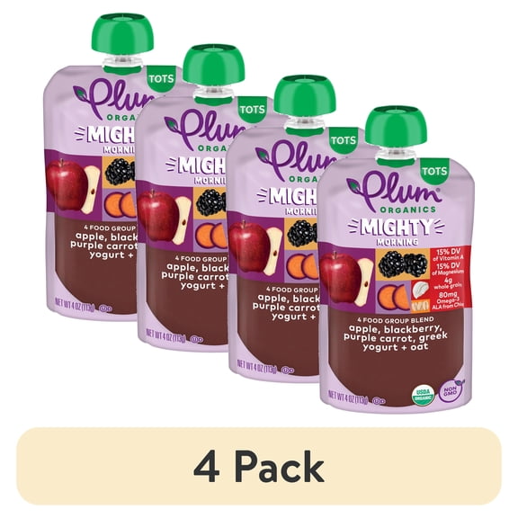 (4 pack) Plum Organics® Tots Mighty Morning 4 Food Group Blend Apple, Blackberry, Purple Carrot, Greek Yogurt + Oat 4oz Pouch