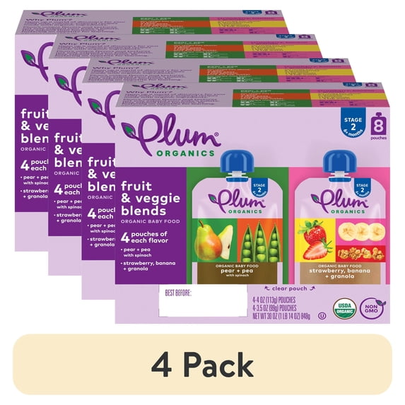 (4 pack) Plum Organics® Stage 2 Fruit & Veggie Blends Organic Baby Food Pear + Pea with Spinach and Strawberry, Banana + Granola 8-Pack