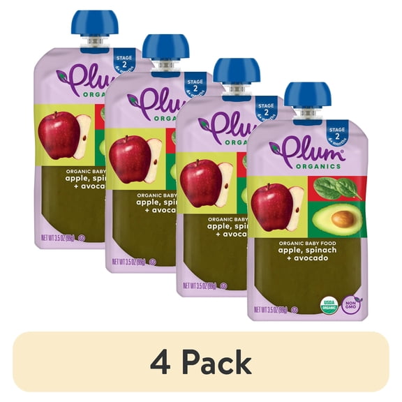 (4 pack) Plum Organics® Stage 2 Organic Baby Food Apple, Spinach + Avocado 3.5oz Pouch
