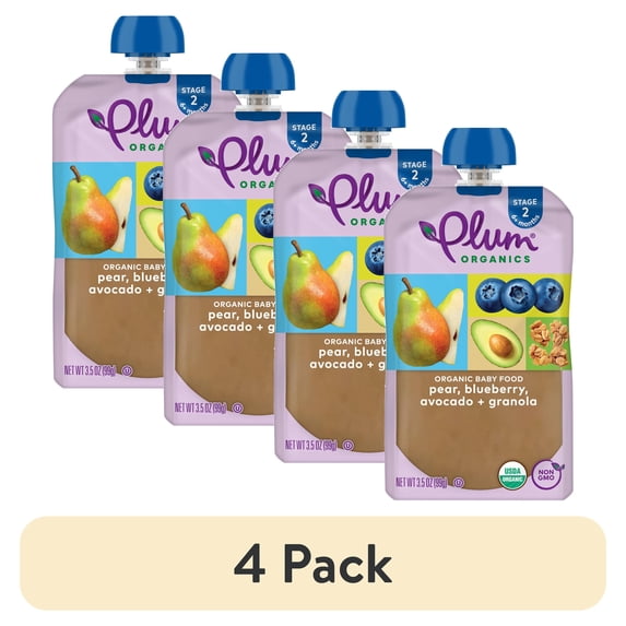 (4 pack) Plum Organics® Stage 2 Organic Baby Food Pear, Blueberry, Avocado + Granola 3.5oz Pouch