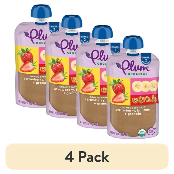 (4 pack) Plum Organics® Stage 2 Organic Baby Food Strawberry, Banana + Granola 3.5oz Pouch