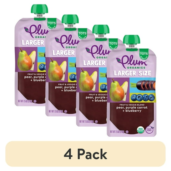 (4 pack) Plum Organics Tots & Beyond Organic Toddler Food, Pear, Purple Carrot, and Blueberry, 7.5 oz Pouch