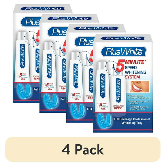 (4 pack) Plus White 5 Minute Speed Whitening System – Fast & Effective Teeth Whitening Gel & Professional Dental Tray & Dental Whitening Rinse