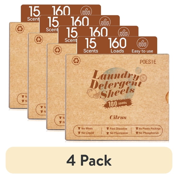 (4 pack) Poesie Laundry Detergent Sheets, Citrus Scent, High Efficiency, 160 Count, 1 Pack