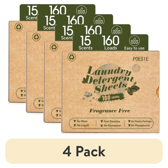 (4 pack) Poesie Laundry Detergent Sheets, Fragrance Free, Liquidless, 160 Count, 1 Pack