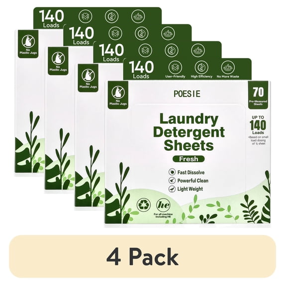 (4 pack) Poesie Laundry Detergent Sheets, Fresh, 140 Loads, 1 Pack of 70