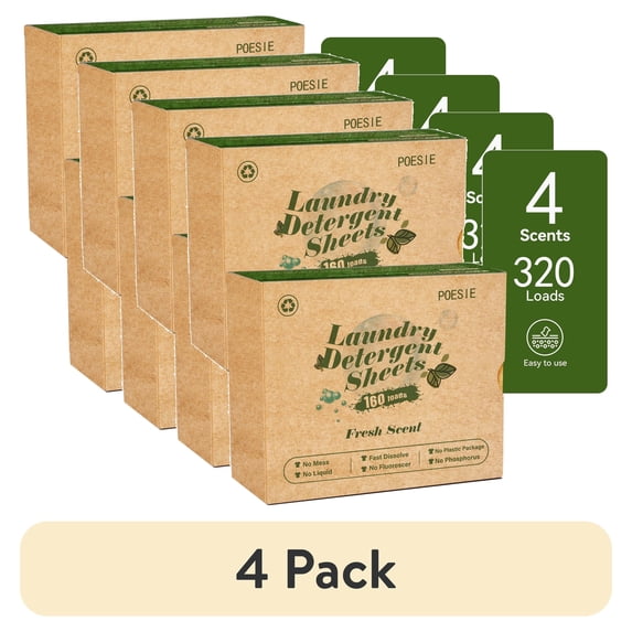 (4 pack) Poesie Laundry Detergent Sheets, Fresh Scent, Liquidless, 320 Count, 160 Loads, 2 Pack