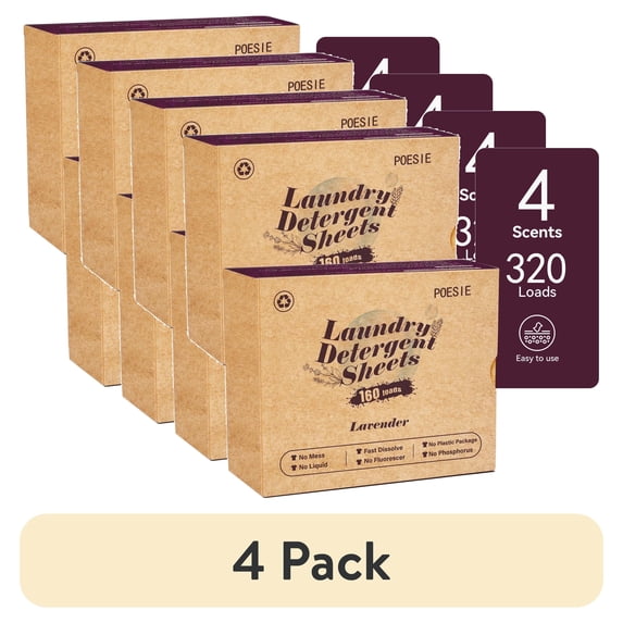 (4 pack) Poesie Laundry Detergent Sheets, Lavender Scent, Plasticless, 320 Count, 160 Loads, 2 Pack