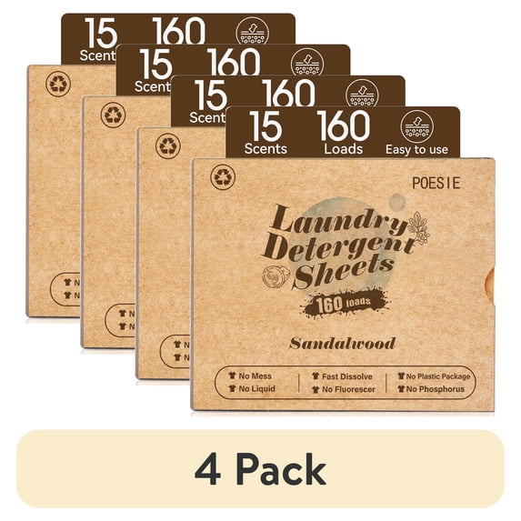 (4 pack) Poesie Laundry Detergent Sheets, Sandalwood Scent, Liquidless, 160 Count, 1 Pack