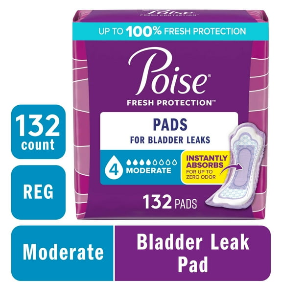 (4 pack) Poise Incontinence Pads for Women, 4 Drop Moderate Absorbency, Regular Length, 132 Count