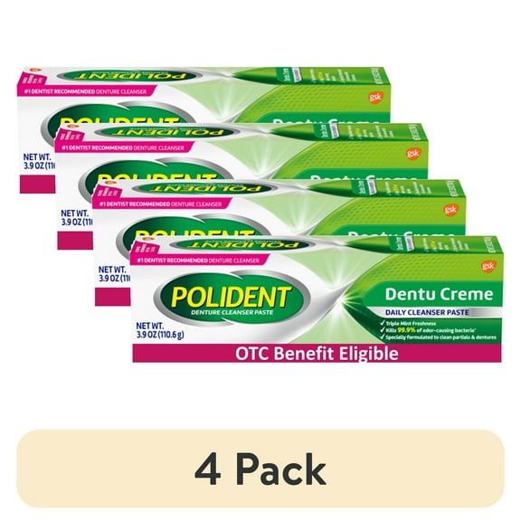 (4 pack) Polident Dentu-Creme Paste for Denture and Partials Cleaning, Triple Mint Freshness, 3.9 oz