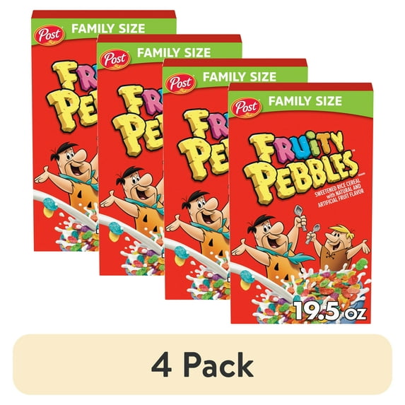 (4 pack) Post Fruity PEBBLES Breakfast Cereal, Gluten Free, Family Size Box, 19.5 oz