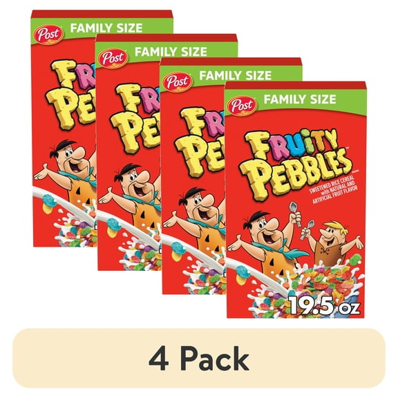 (4 pack) Post Fruity PEBBLES Breakfast Cereal, Gluten Free, Family Size Box, 19.5 oz