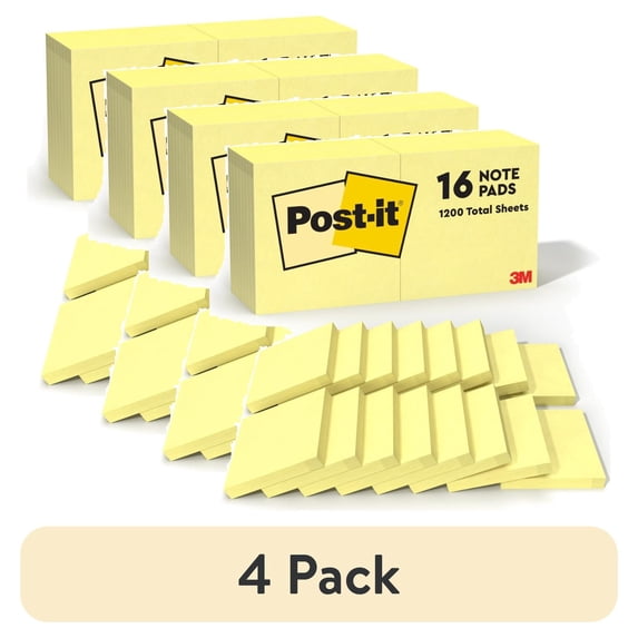 (4 pack) Post-it Sticky Notes Value Pack, 3 in x 3 in, Canary Yellow, 16 Pads