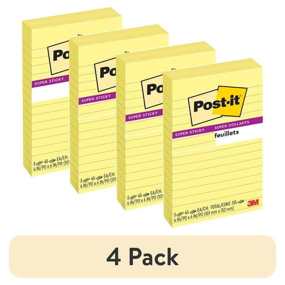 (4 pack) Post-it Super Sticky Lined Notes, 4" x 6", Canary Yellow, 3 Pack