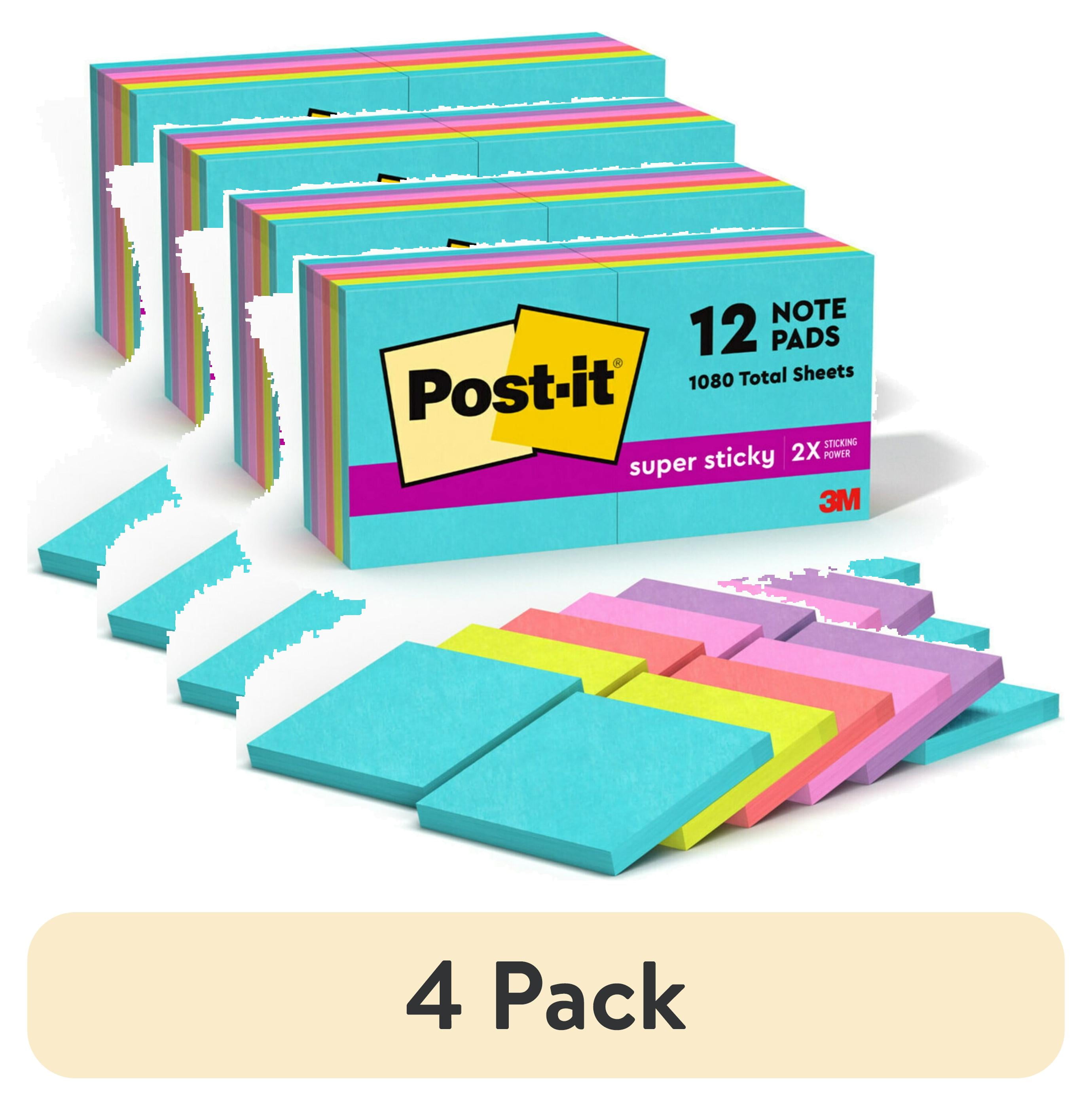 (4 pack) Post-it Super Sticky Notes, 3 in. x 3 in., Supernova Neons, 12 Pads