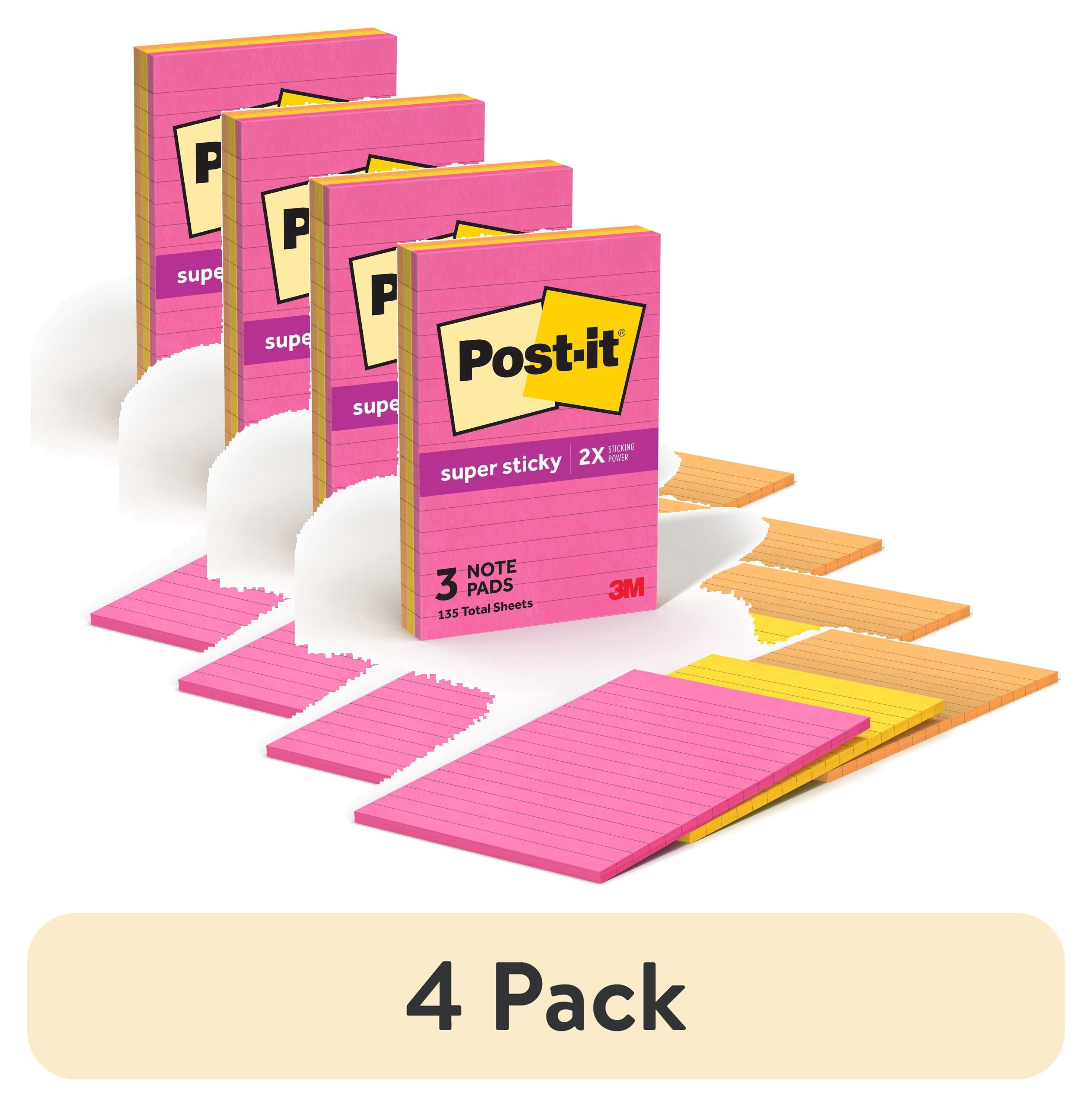 (4 pack) Post-it Super Sticky Notes, Lined, 4 in x 6 in, Assorted Brights, 3 Pads