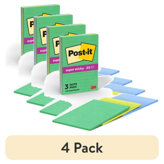 (4 pack) Post-it Super Sticky Notes, Lined, 4" x 6", Assorted Greens and Blues, 3 Pads