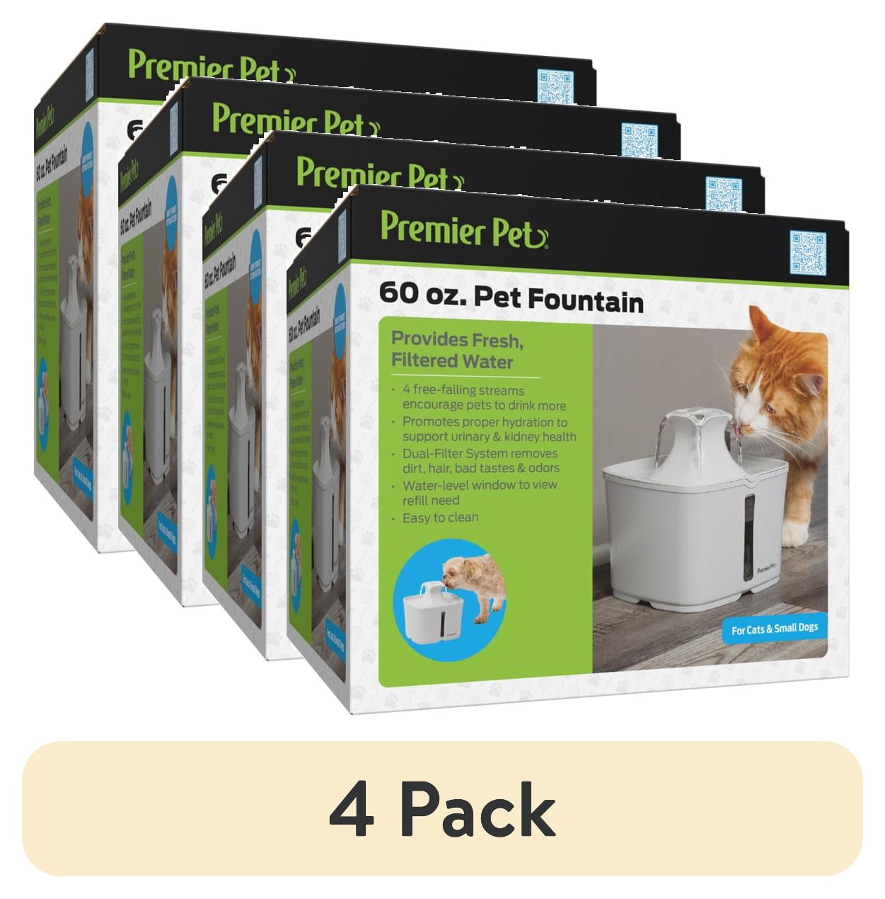 (4 pack) Premier Pet 60 oz. Pet Fountain, Automatic for Cats, Filters Included, White