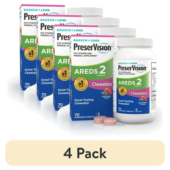 (4 pack) PreserVision AREDS 2 Eye Vitamins and Mineral with Lutein and Zeaxanthin, Mixed Berry Chewables, 70 Count