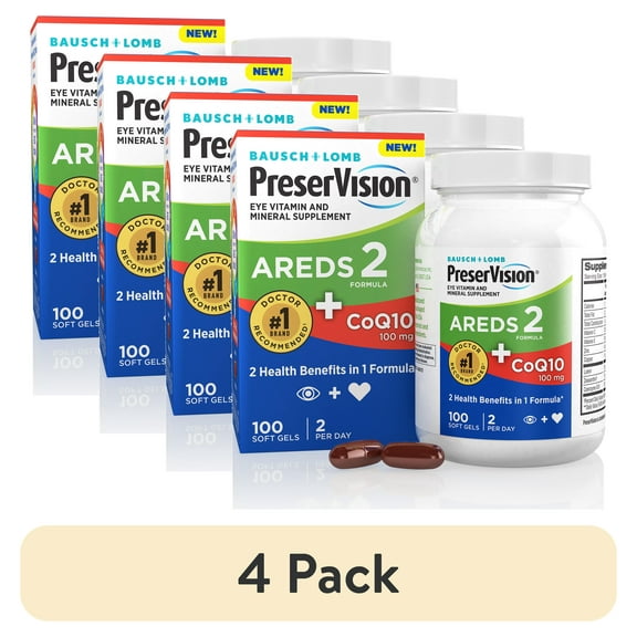 (4 pack) PreserVision AREDS 2 Eye Vitamins with CoQ10 for Heart Health, Lutein, Zeaxanthin, Vitamin C & E, Zinc, Copper, 100 Softgels