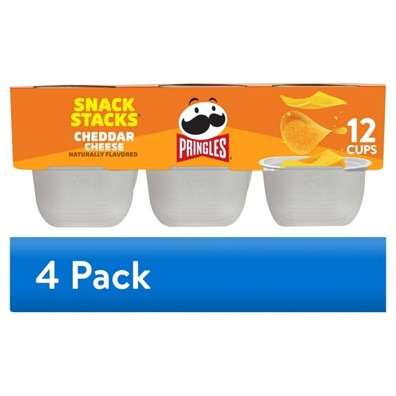 (4 pack) Pringles Cheddar Cheese Potato Crisps Chips, Lunch Snacks, 12 Count