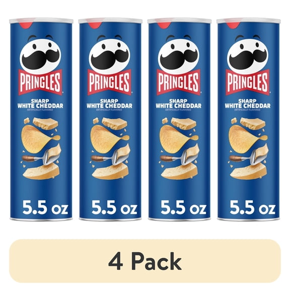 (4 pack) Pringles Sharp White Cheddar Potato Crisps Chips, Lunch Snacks, 5.5 oz Canister