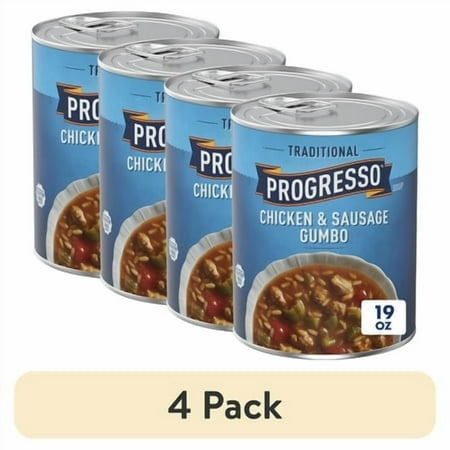 (4 pack) Progresso Traditional Chicken and Sausage Gumbo Canned Soup, Gluten Free, 19 oz